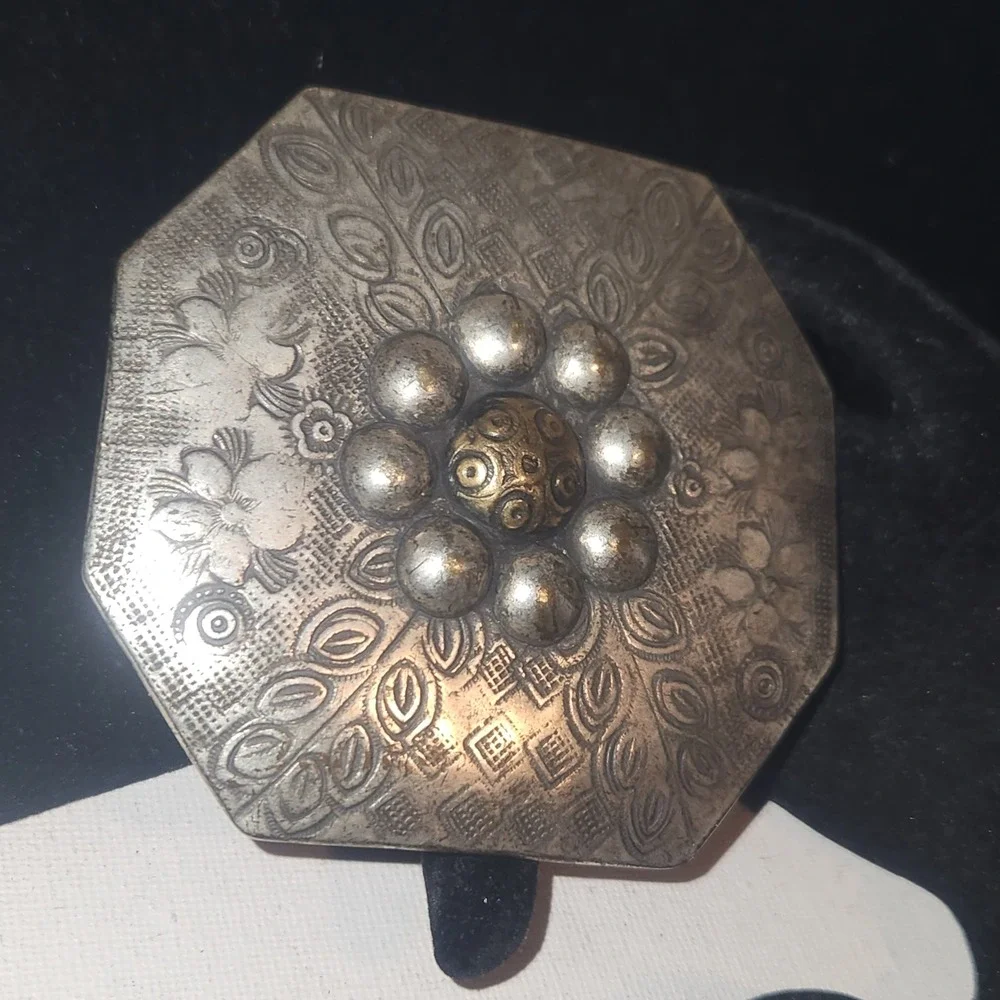 Vintage Octagonal Floral Etched Mixed Metal Belt Buckle Silver‎ Brass Tone Boho
